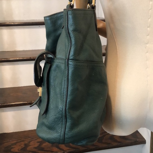 RALPH LAUREN Rich Green Leather Two Handle Tote Bag Interior & Exterior Pockets - Picture 9 of 17